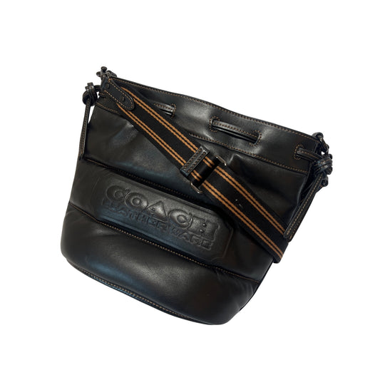 Coach Rare Black Leather Field Buckegt Bag with Quilting and Coach Badge J2177-C6955