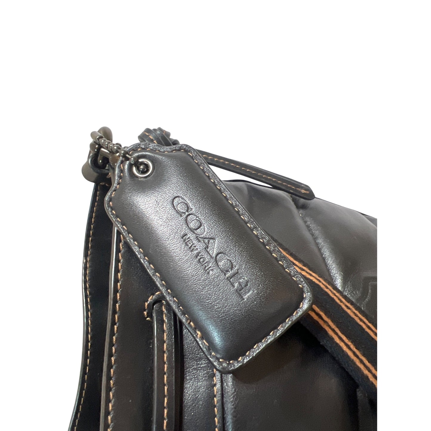 Coach Rare Black Leather Field Buckegt Bag with Quilting and Coach Badge J2177-C6955