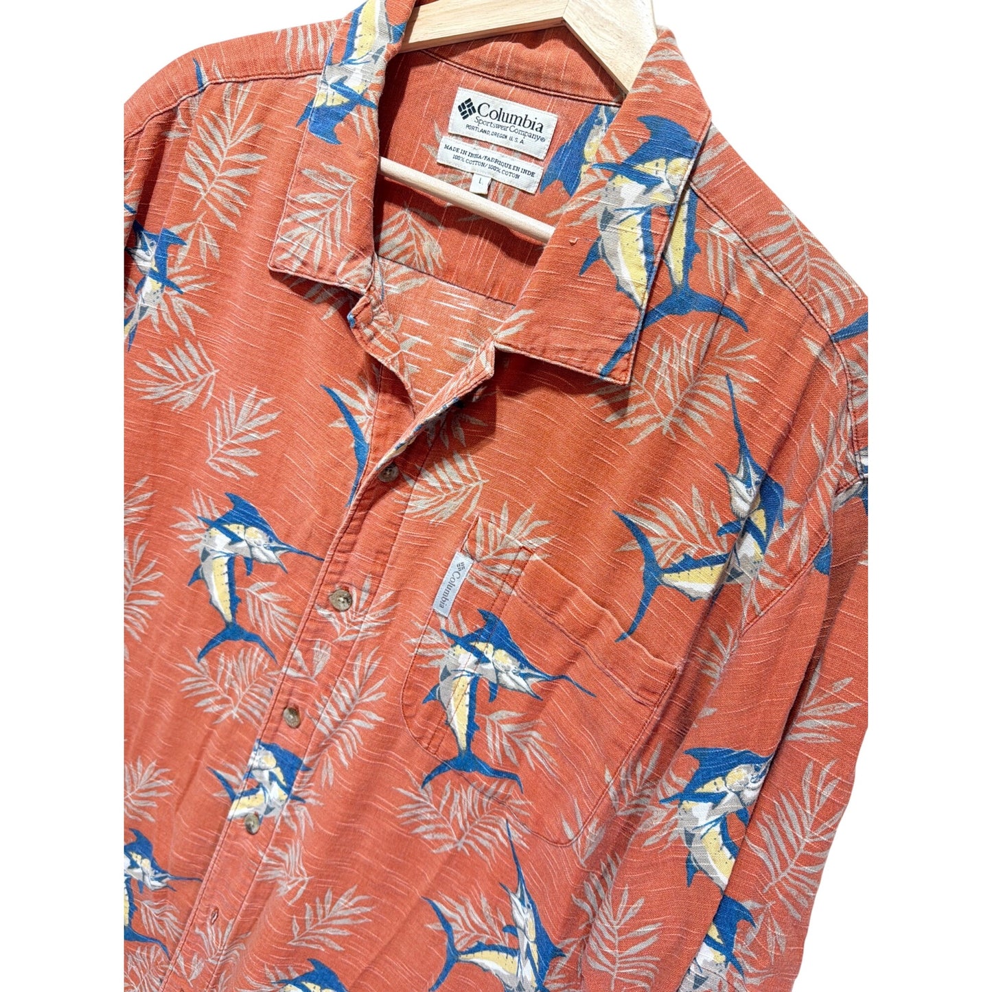 Columbia Marlin Fish & Palm Tree Hawaiian Shirt L 100% Cotton Orange