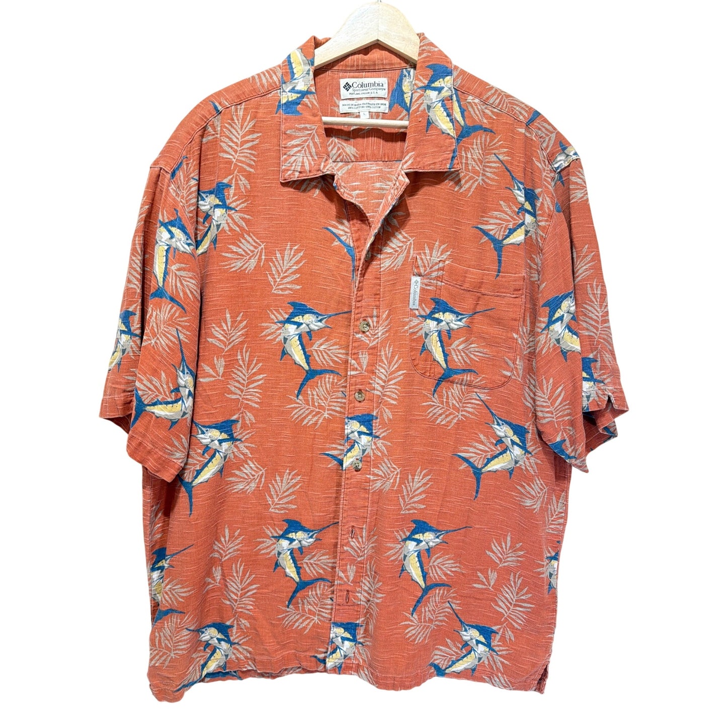Columbia Marlin Fish & Palm Tree Hawaiian Shirt L 100% Cotton Orange
