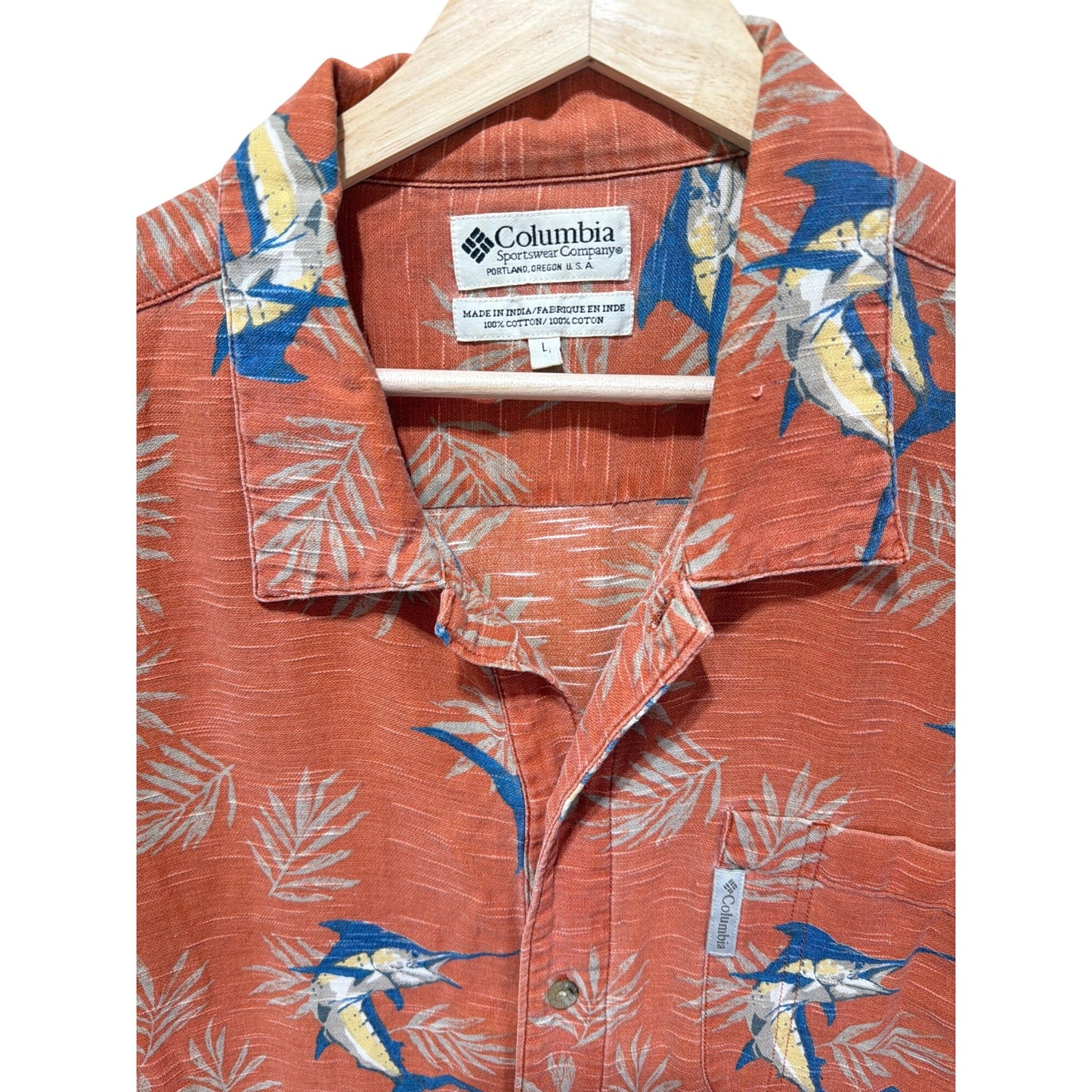 Columbia Marlin Fish & Palm Tree Hawaiian Shirt L 100% Cotton Orange