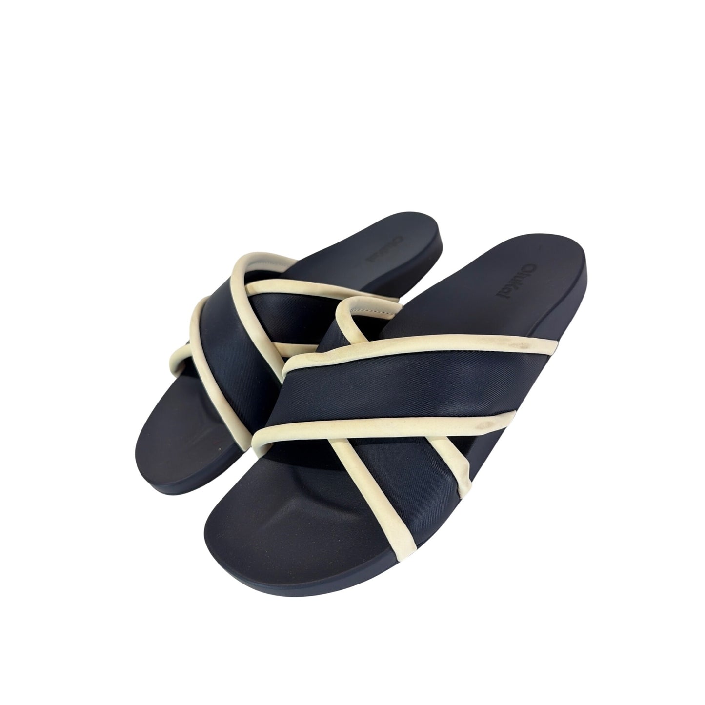OluKai Ani Slide Sandals Mood Indigo/White Sand Non-Marking Wet Grip Rubber Outsole