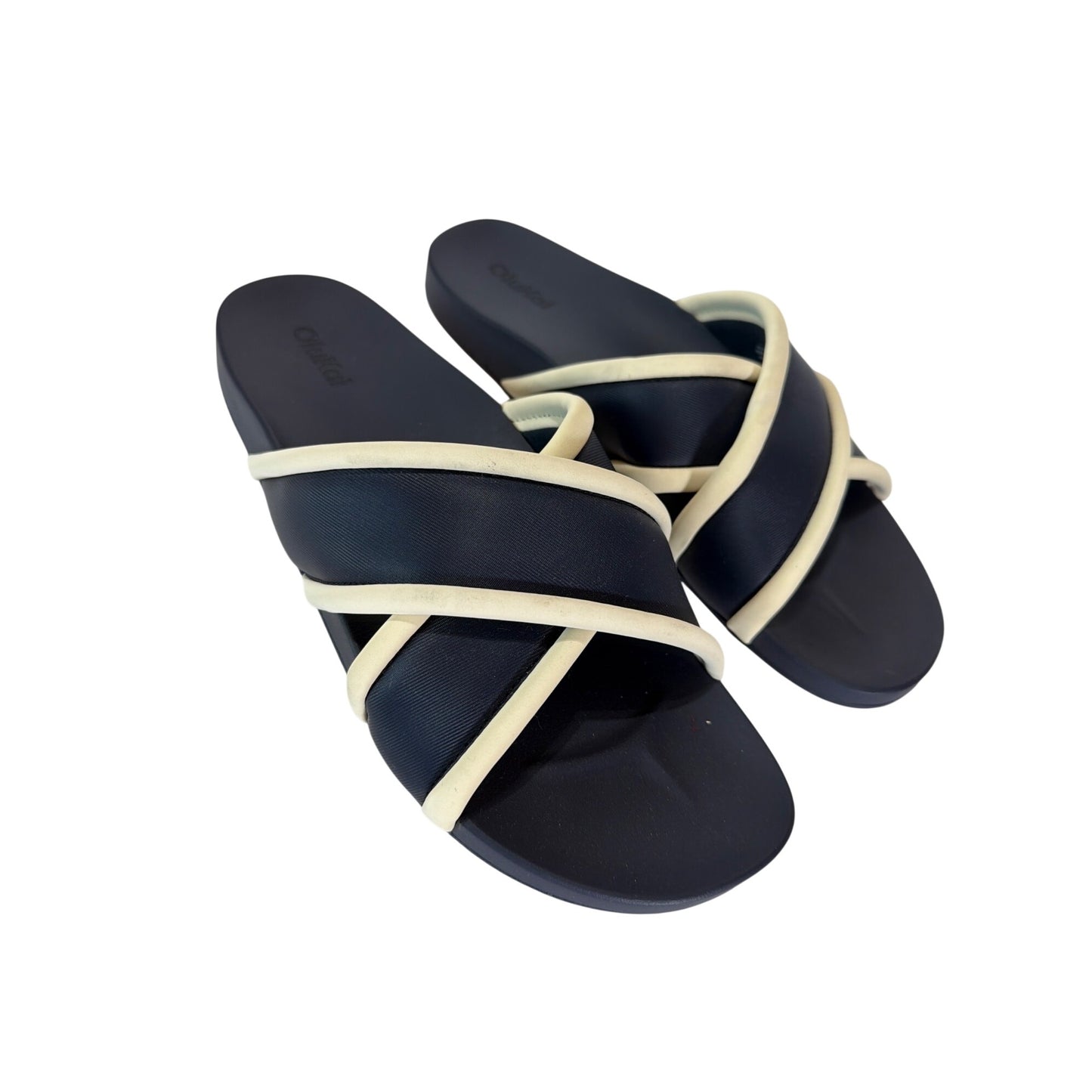 OluKai Ani Slide Sandals Mood Indigo/White Sand Non-Marking Wet Grip Rubber Outsole