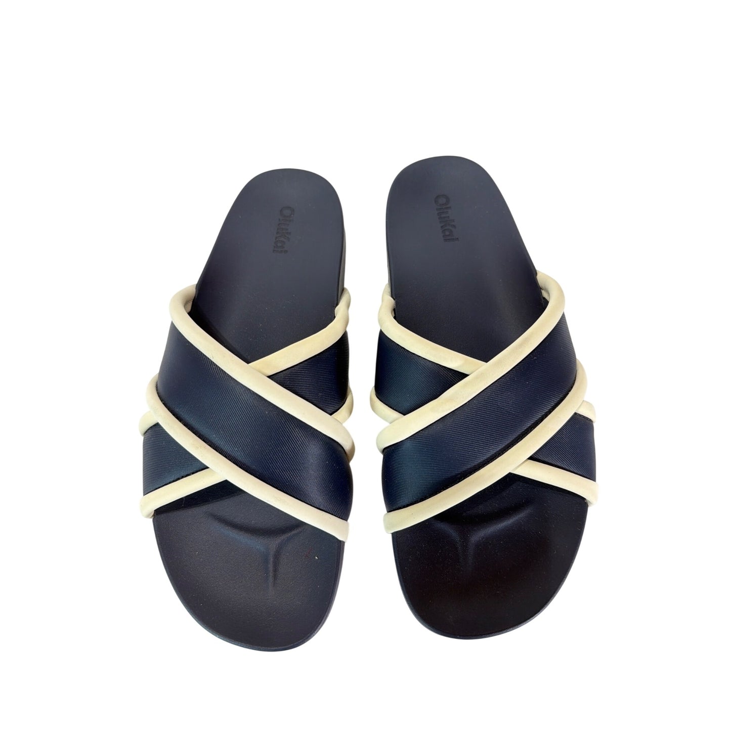 OluKai Ani Slide Sandals Mood Indigo/White Sand Non-Marking Wet Grip Rubber Outsole