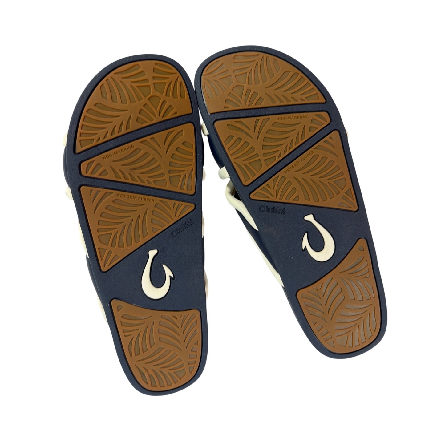 OluKai Ani Slide Sandals Mood Indigo/White Sand Non-Marking Wet Grip Rubber Outsole