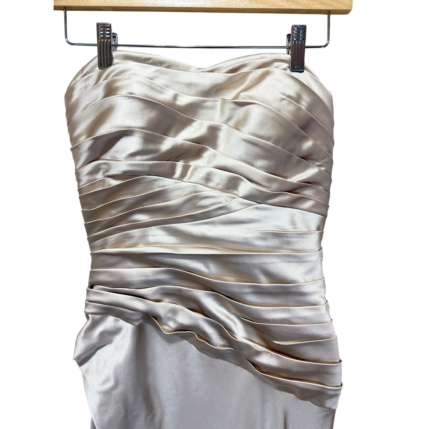 Niteline Vintage 90's Champagne Metallic Satin Strapless Gown Ruched Bodice Elegant Evening Wear