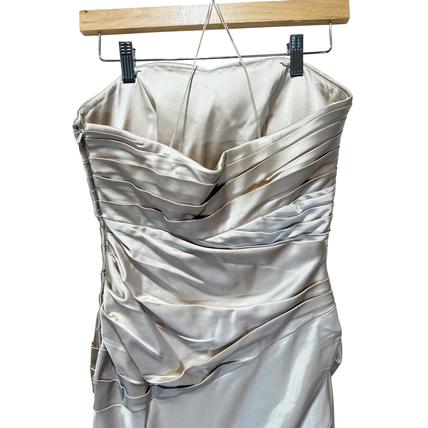 Niteline Vintage 90's Champagne Metallic Satin Strapless Gown Ruched Bodice Elegant Evening Wear