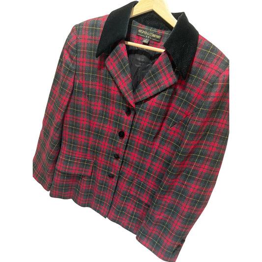 Kasper & Company Vintage 90s Red Tartan Plaid Blazer With Black Velvet Collar & Button Front