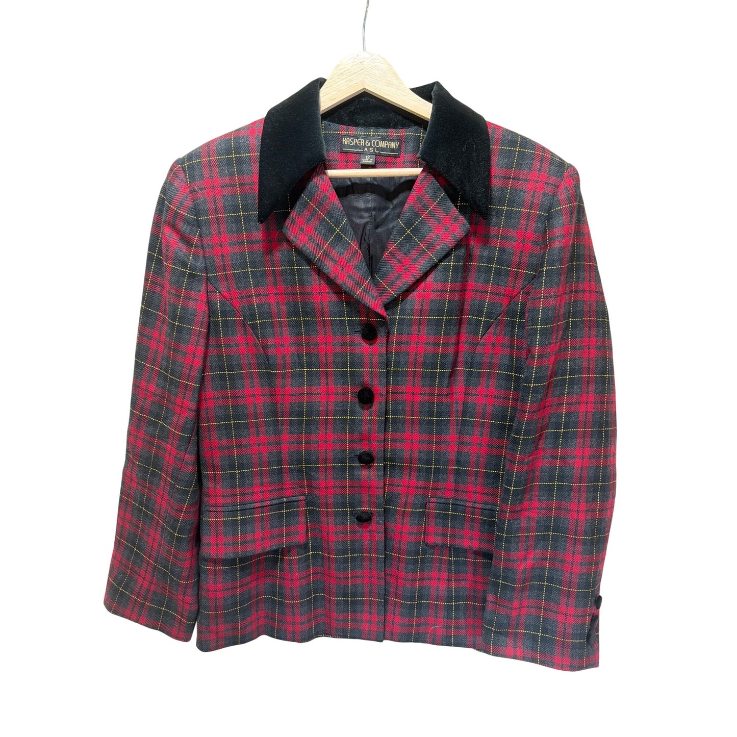 Kasper & Company Vintage 90s Red Tartan Plaid Blazer With Black Velvet Collar & Button Front