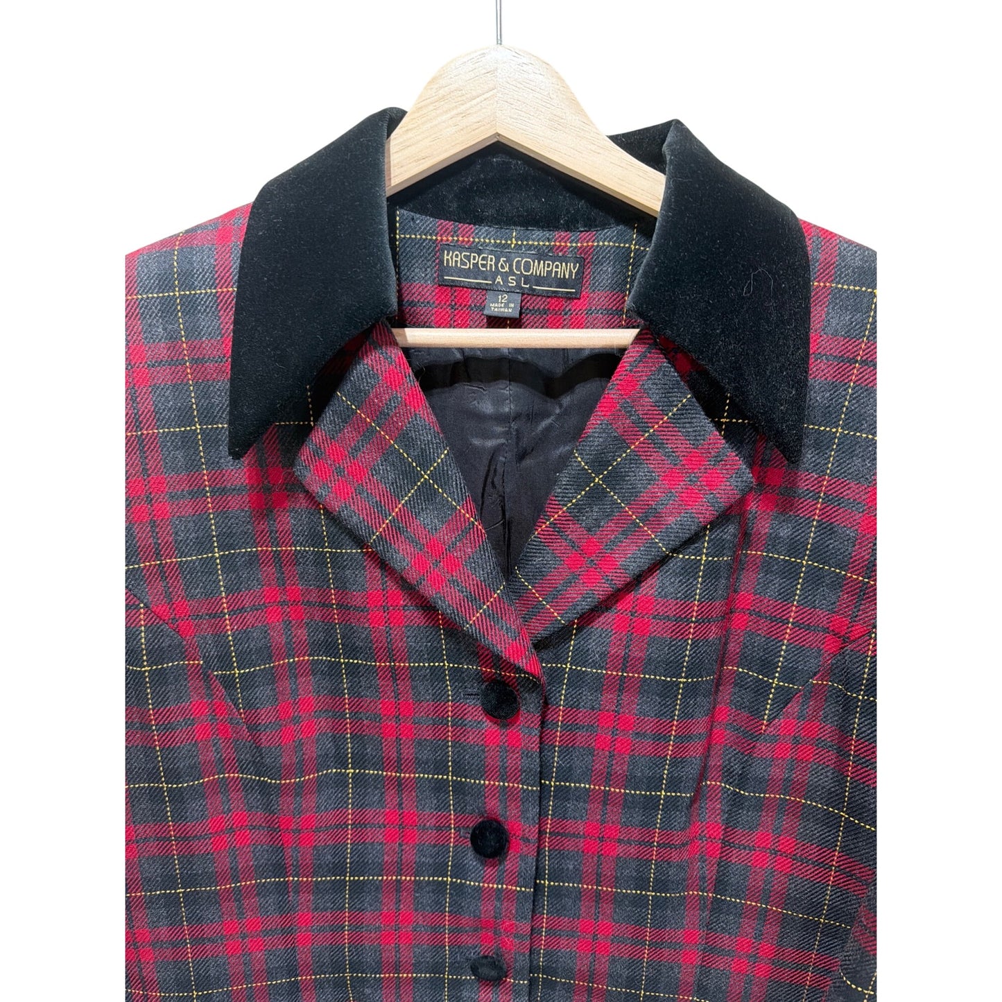 Kasper & Company Vintage 90s Red Tartan Plaid Blazer With Black Velvet Collar & Button Front