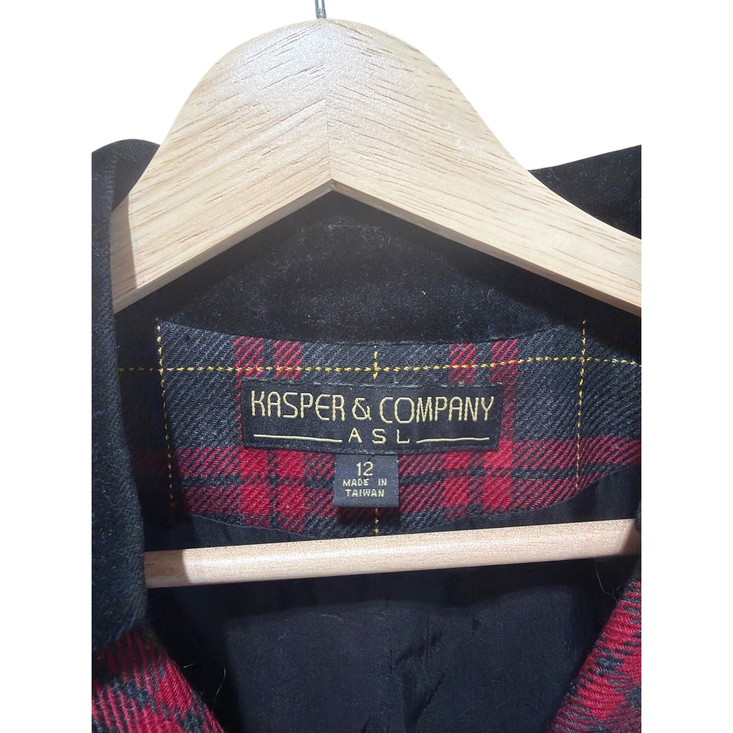 Kasper & Company Vintage 90s Red Tartan Plaid Blazer With Black Velvet Collar & Button Front