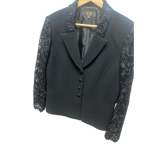 Tahari Luxe Arthur S Levine Black Tuxedo Blazer with Crochet Lace Sleeves