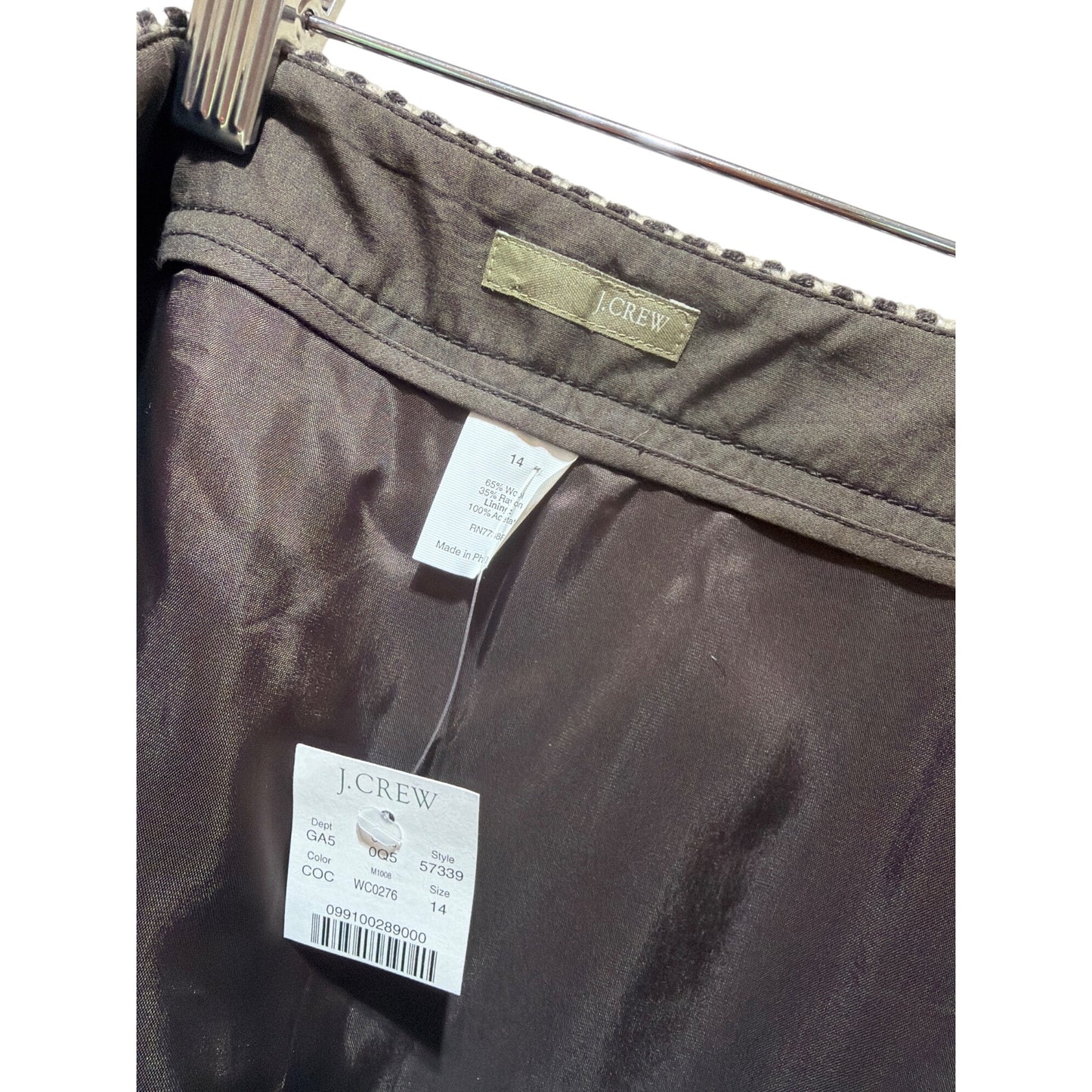 J.Crew NWT Womens Brown & Ivory Herringbone Wool Mini Skirt Size 14 Button Front Fully Lined Size 8