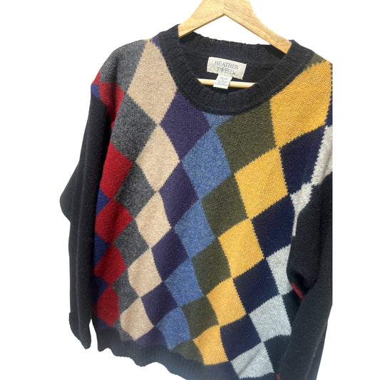 Heather Tweed Argyle Diamond Pattern Shetland Wool Sweater Multicolor Size M Made In India Vintage 90s