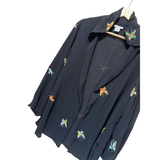 Grace Chuang New York Vintage Sheer Black Silk Embroidered Butterfly Kimono Style Open Cover Up Blouse