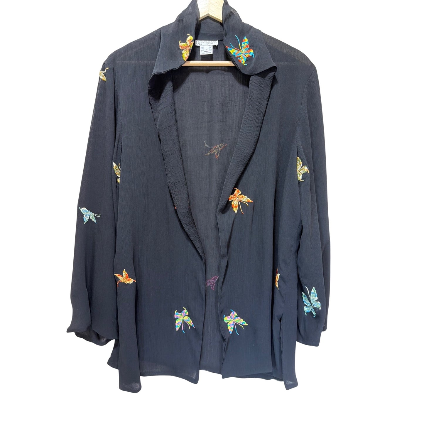 Grace Chuang New York Vintage Sheer Black Silk Embroidered Butterfly Kimono Style Open Cover Up Blouse
