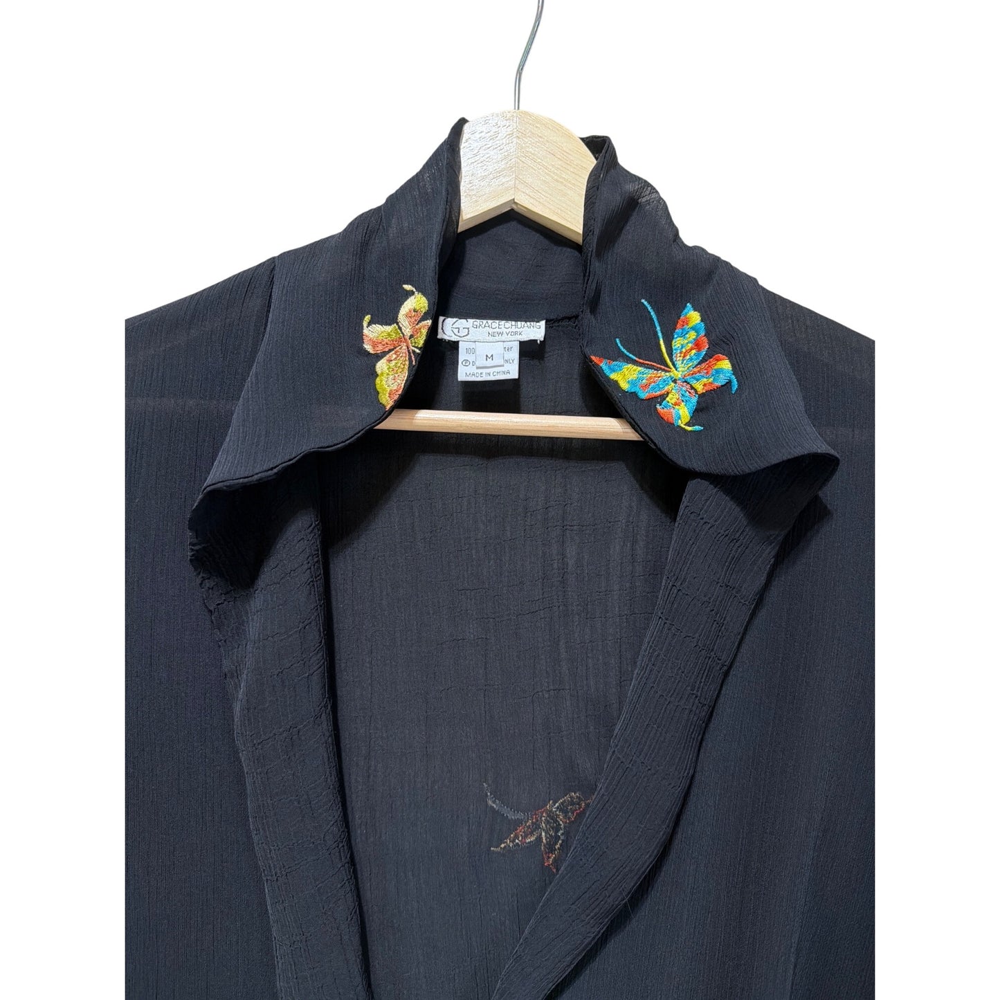 Grace Chuang New York Vintage Sheer Black Silk Embroidered Butterfly Kimono Style Open Cover Up Blouse