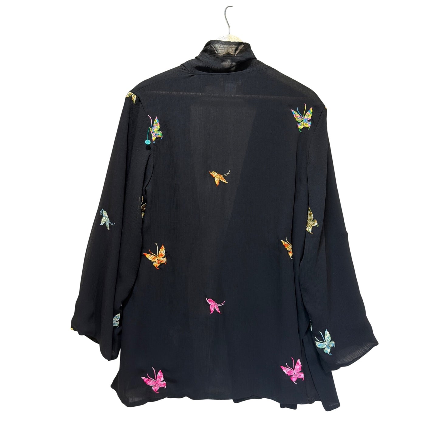 Grace Chuang New York Vintage Sheer Black Silk Embroidered Butterfly Kimono Style Open Cover Up Blouse