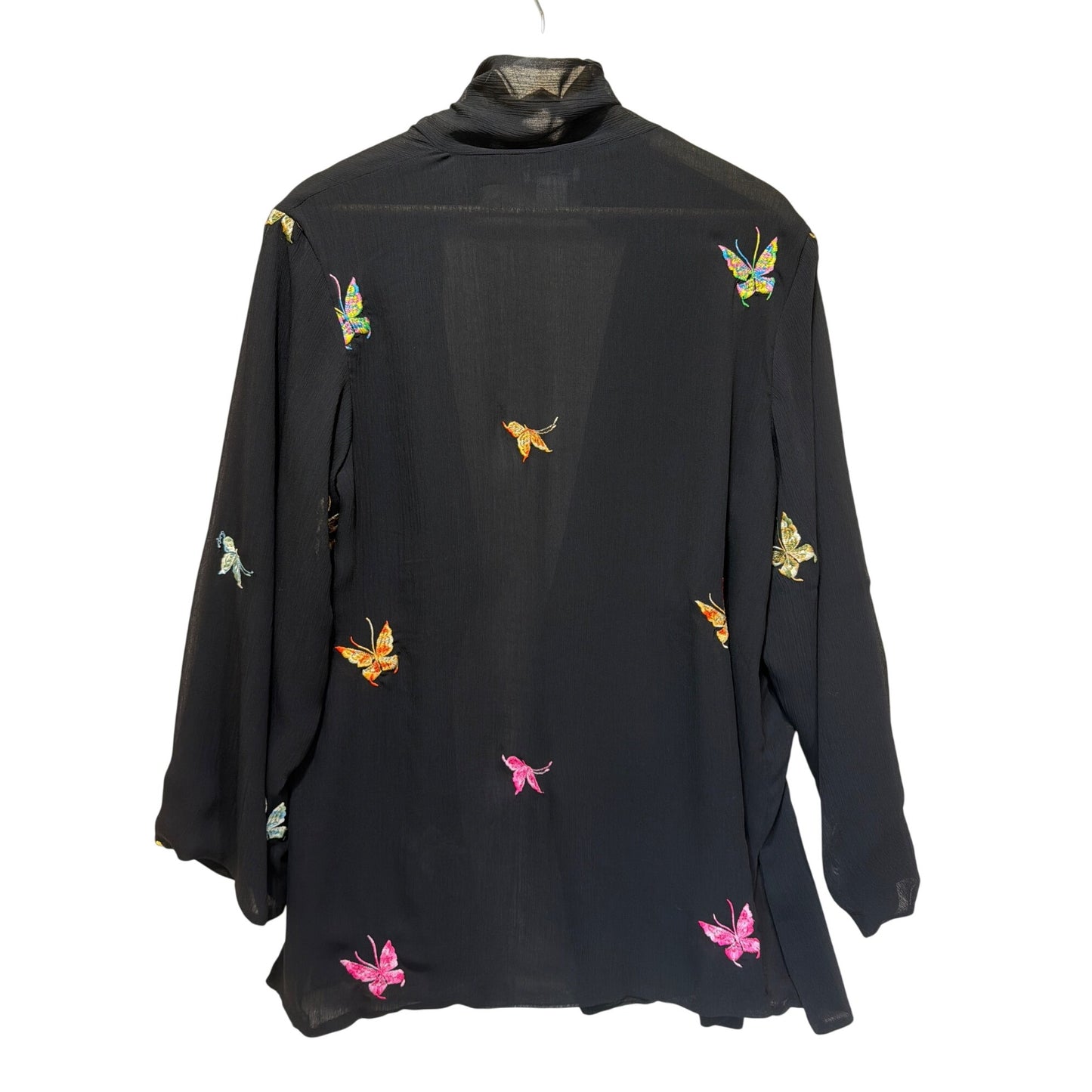 Grace Chuang New York Vintage Sheer Black Silk Embroidered Butterfly Kimono Style Open Cover Up Blouse