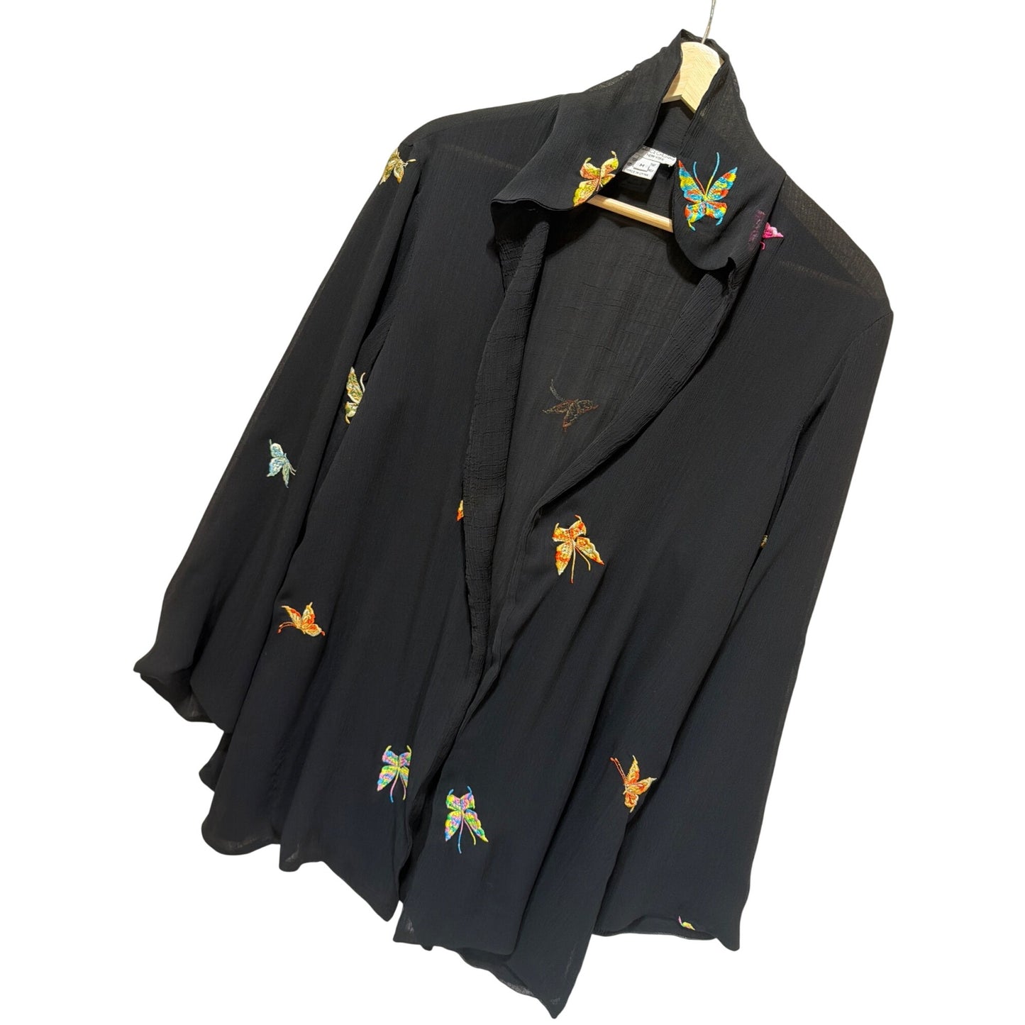 Grace Chuang New York Vintage Sheer Black Silk Embroidered Butterfly Kimono Style Open Cover Up Blouse