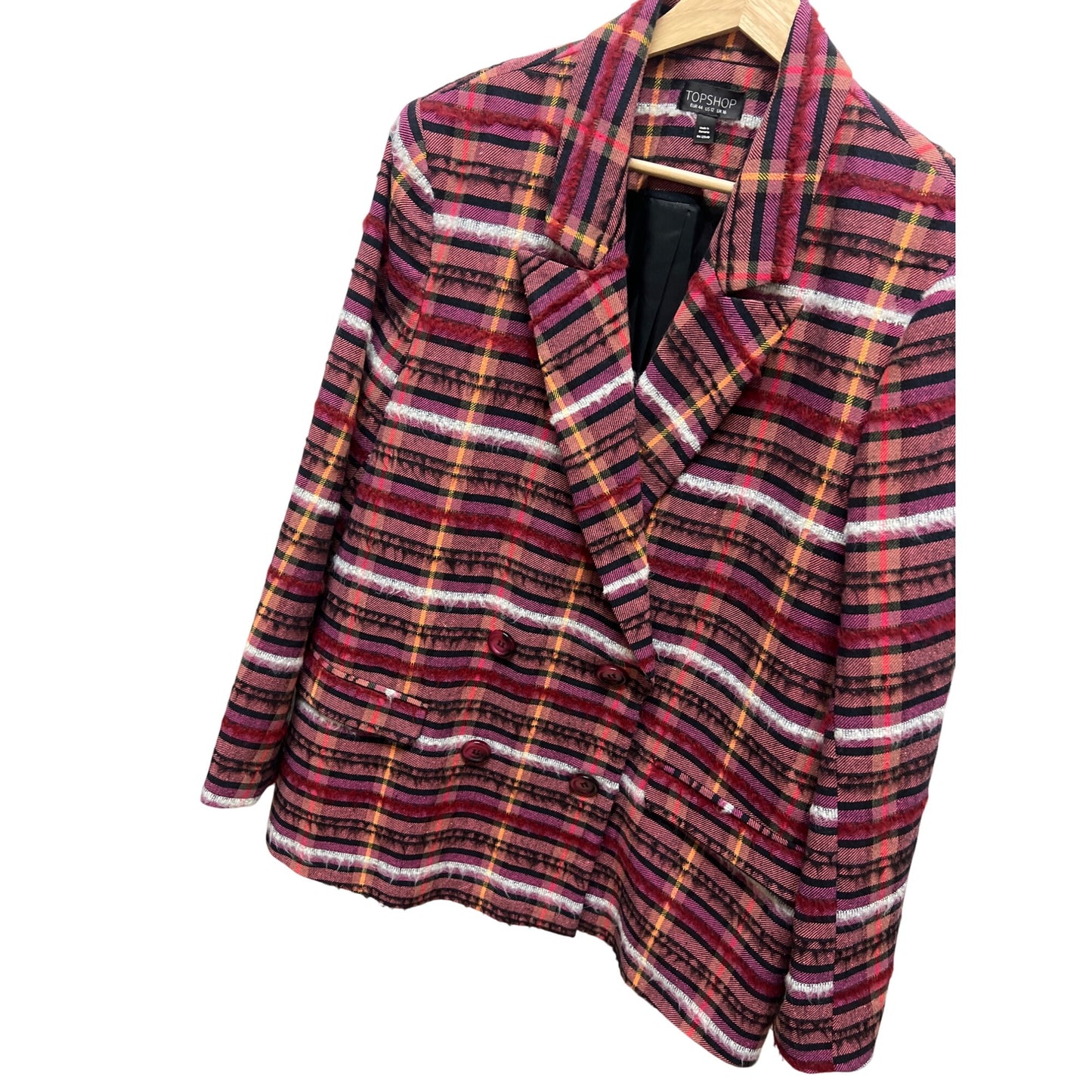 Topshop Pink Plaid Oversized Double Breasted Cotton Blend Blazer