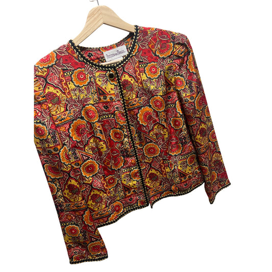 Petites for Maggy Vintage 80's Orange and Red Floral Black Trim Bolero Jacket