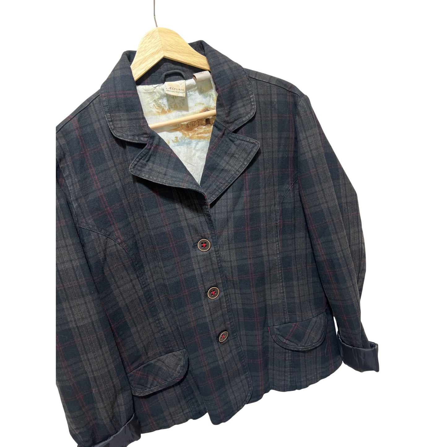 Natural Reflections Womens Plaid Button-Up Blazer Jacket With Pockets & Scenic Inner Lining Size M 100% Cotton