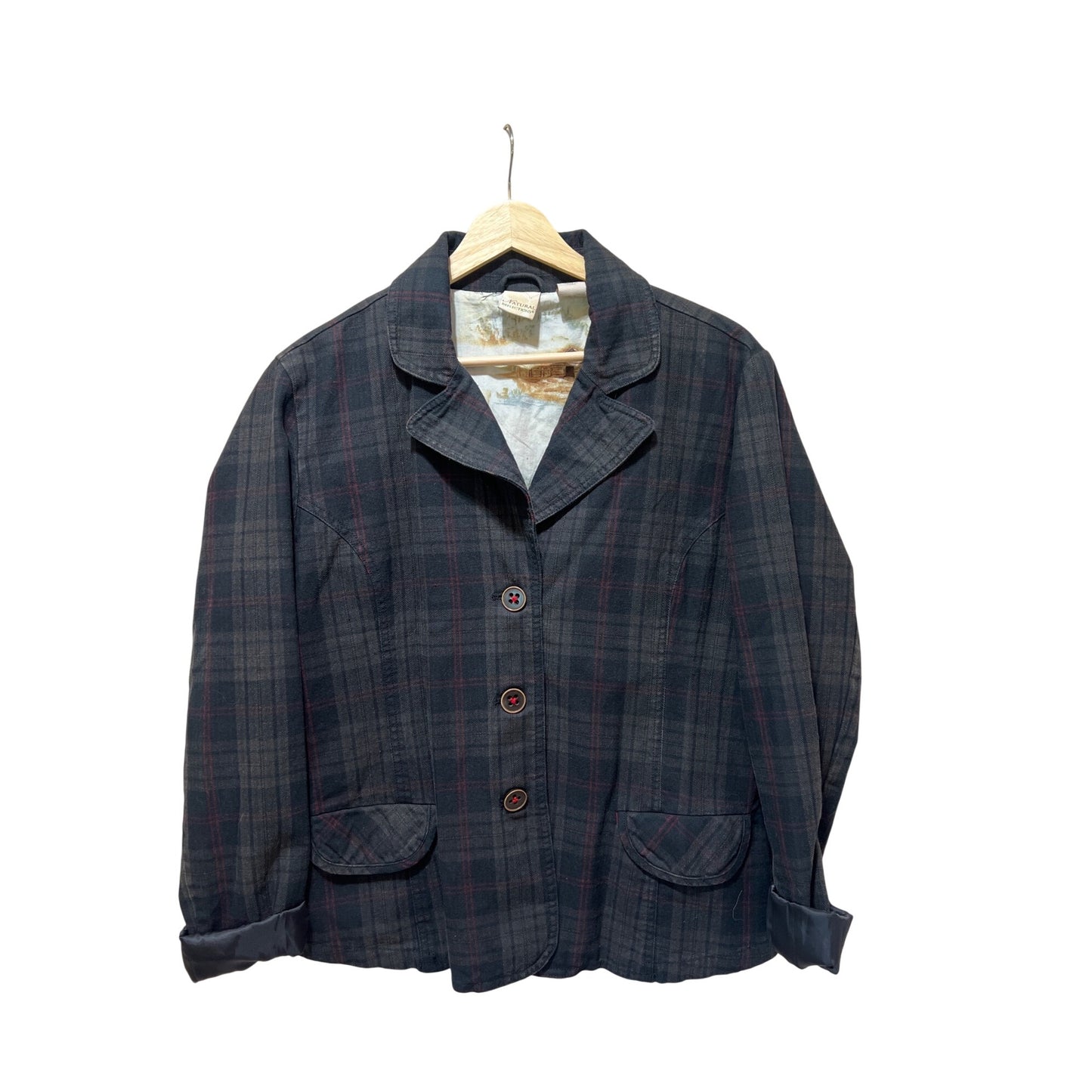 Natural Reflections Womens Plaid Button-Up Blazer Jacket With Pockets & Scenic Inner Lining Size M 100% Cotton