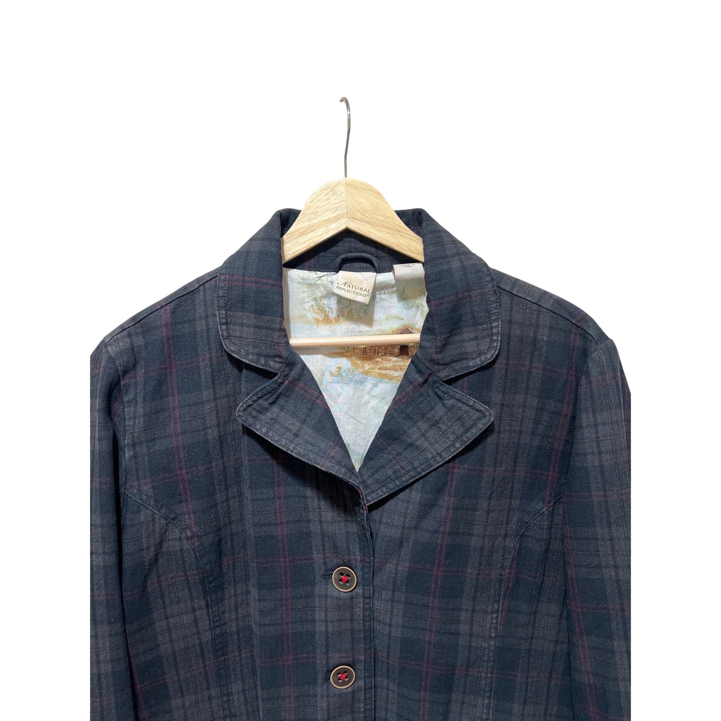 Natural Reflections Womens Plaid Button-Up Blazer Jacket With Pockets & Scenic Inner Lining Size M 100% Cotton