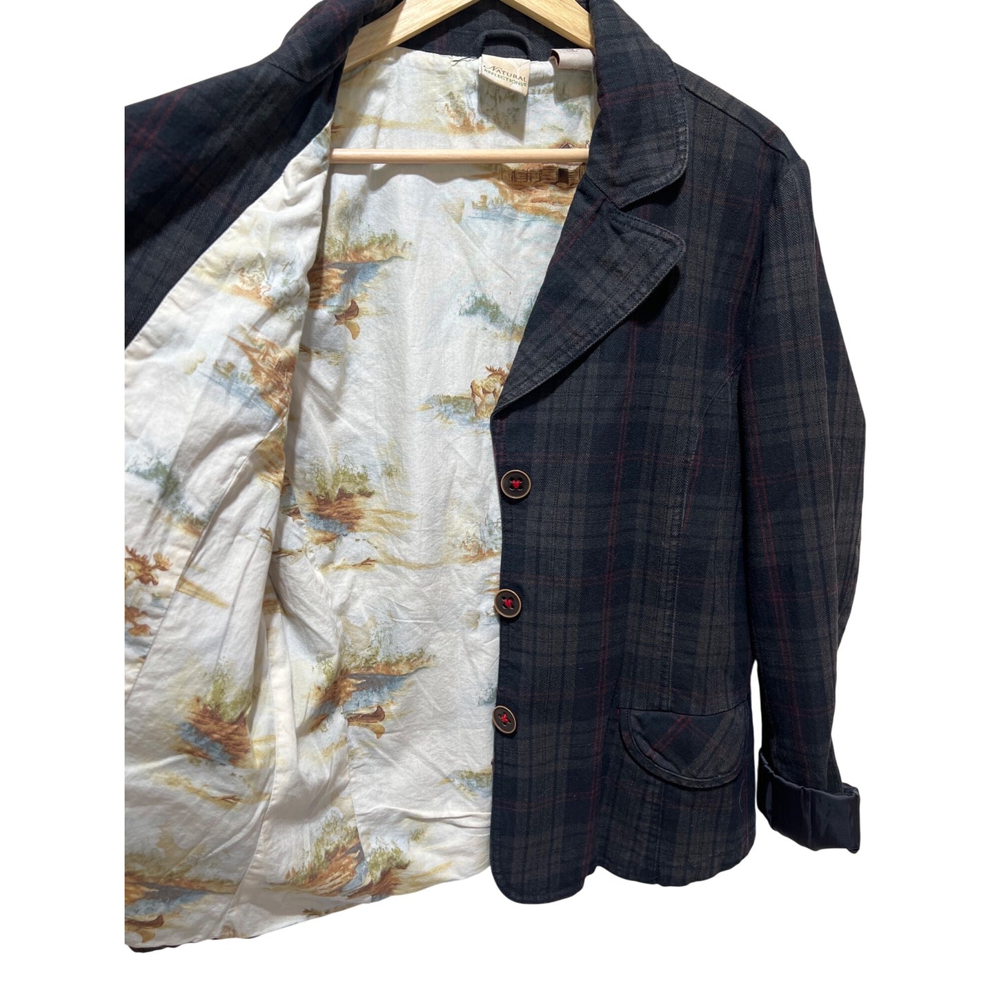 Natural Reflections Womens Plaid Button-Up Blazer Jacket With Pockets & Scenic Inner Lining Size M 100% Cotton