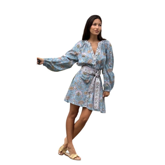 Bindu Clothing Blue Floral Grace Tunic Dress With Two Belts/Sash Long Sleeves 100% Cotton Size S