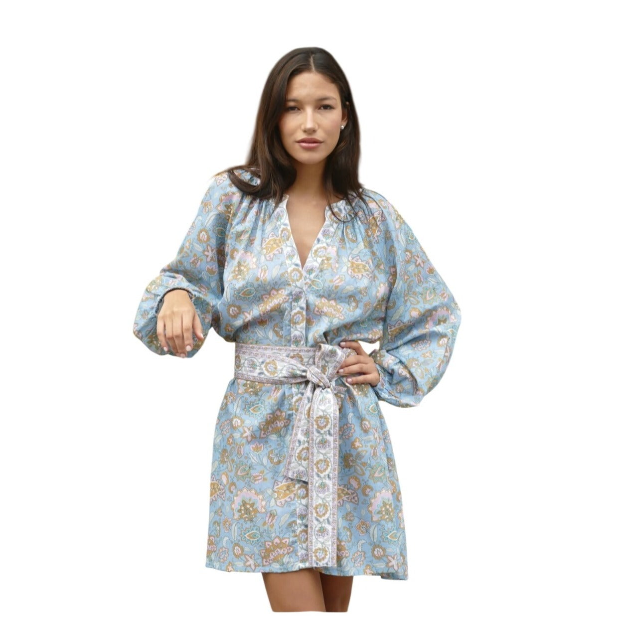 Bindu Clothing Blue Floral Grace Tunic Dress With Two Belts/Sash Long Sleeves 100% Cotton Size S