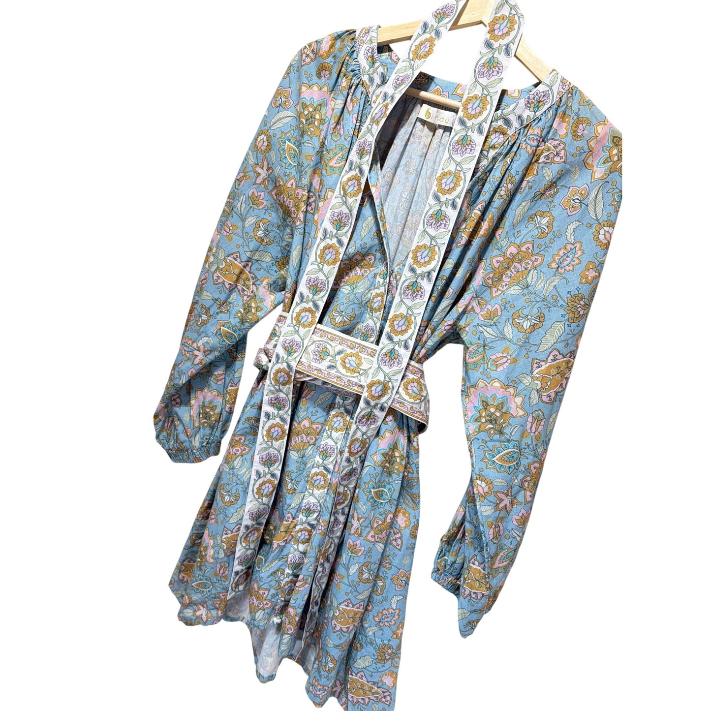 Bindu Clothing Blue Floral Grace Tunic Dress With Two Belts/Sash Long Sleeves 100% Cotton Size S