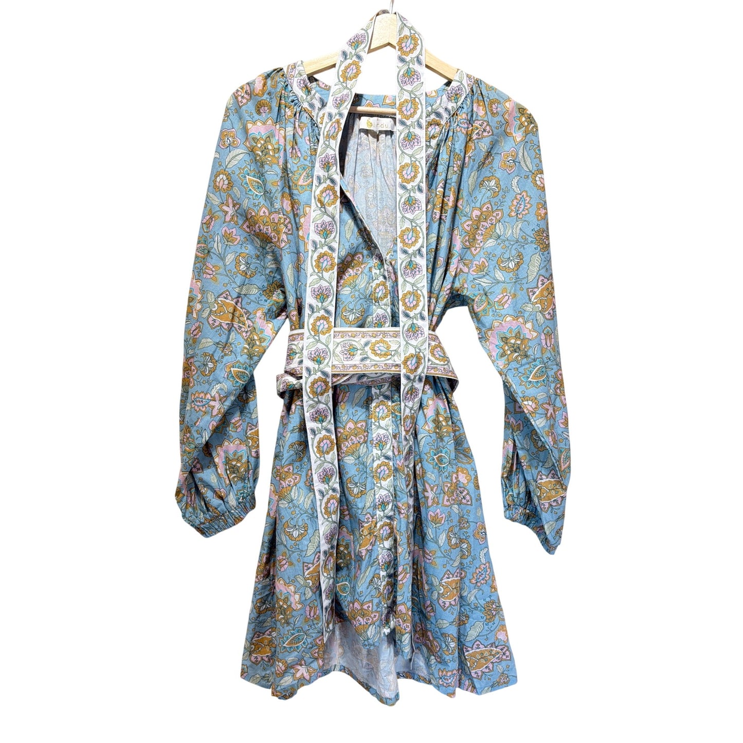 Bindu Clothing Blue Floral Grace Tunic Dress With Two Belts/Sash Long Sleeves 100% Cotton Size S