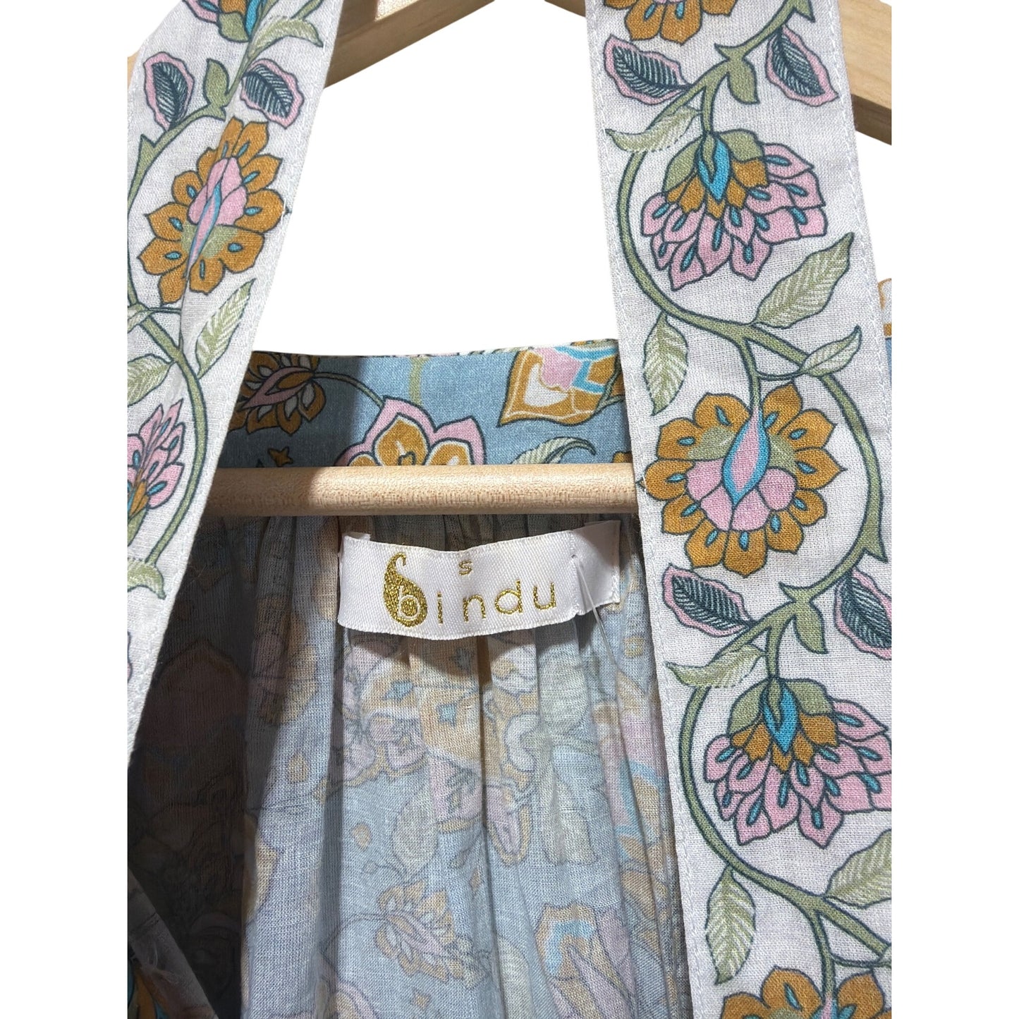 Bindu Clothing Blue Floral Grace Tunic Dress With Two Belts/Sash Long Sleeves 100% Cotton Size S