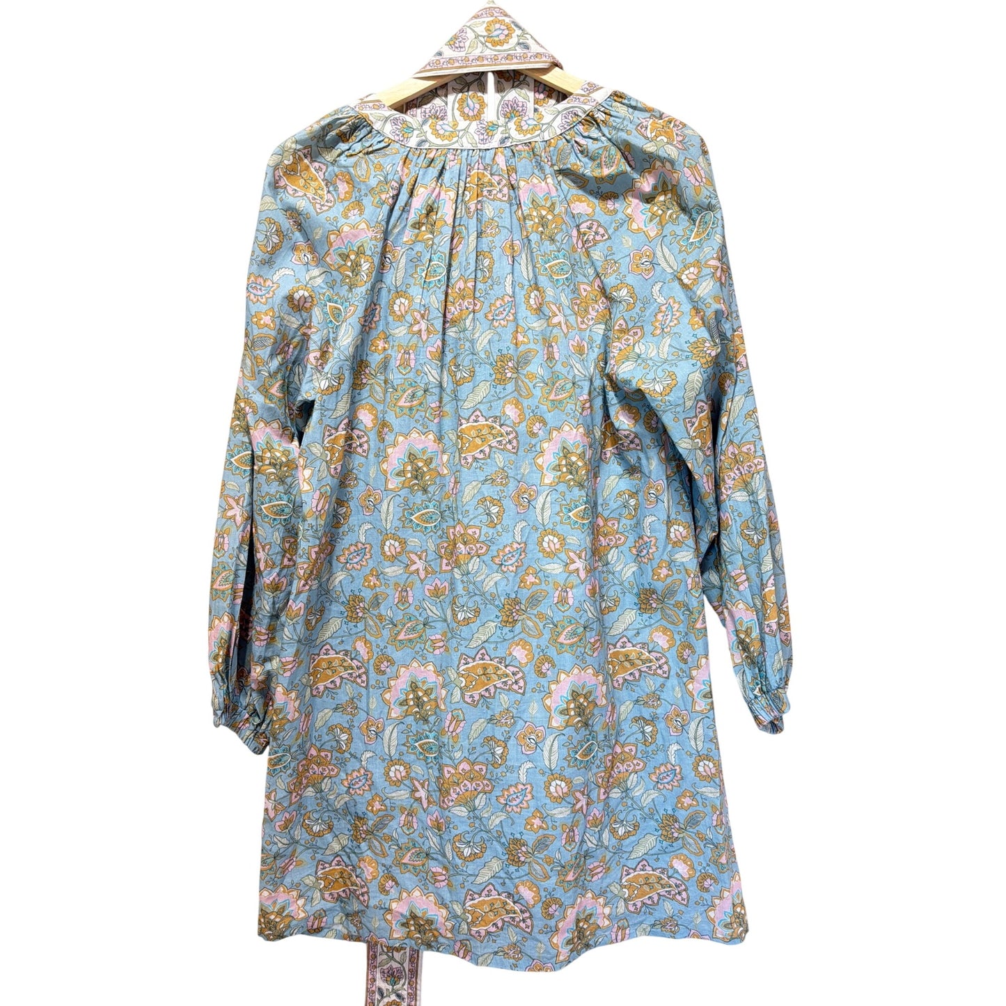 Bindu Clothing Blue Floral Grace Tunic Dress With Two Belts/Sash Long Sleeves 100% Cotton Size S