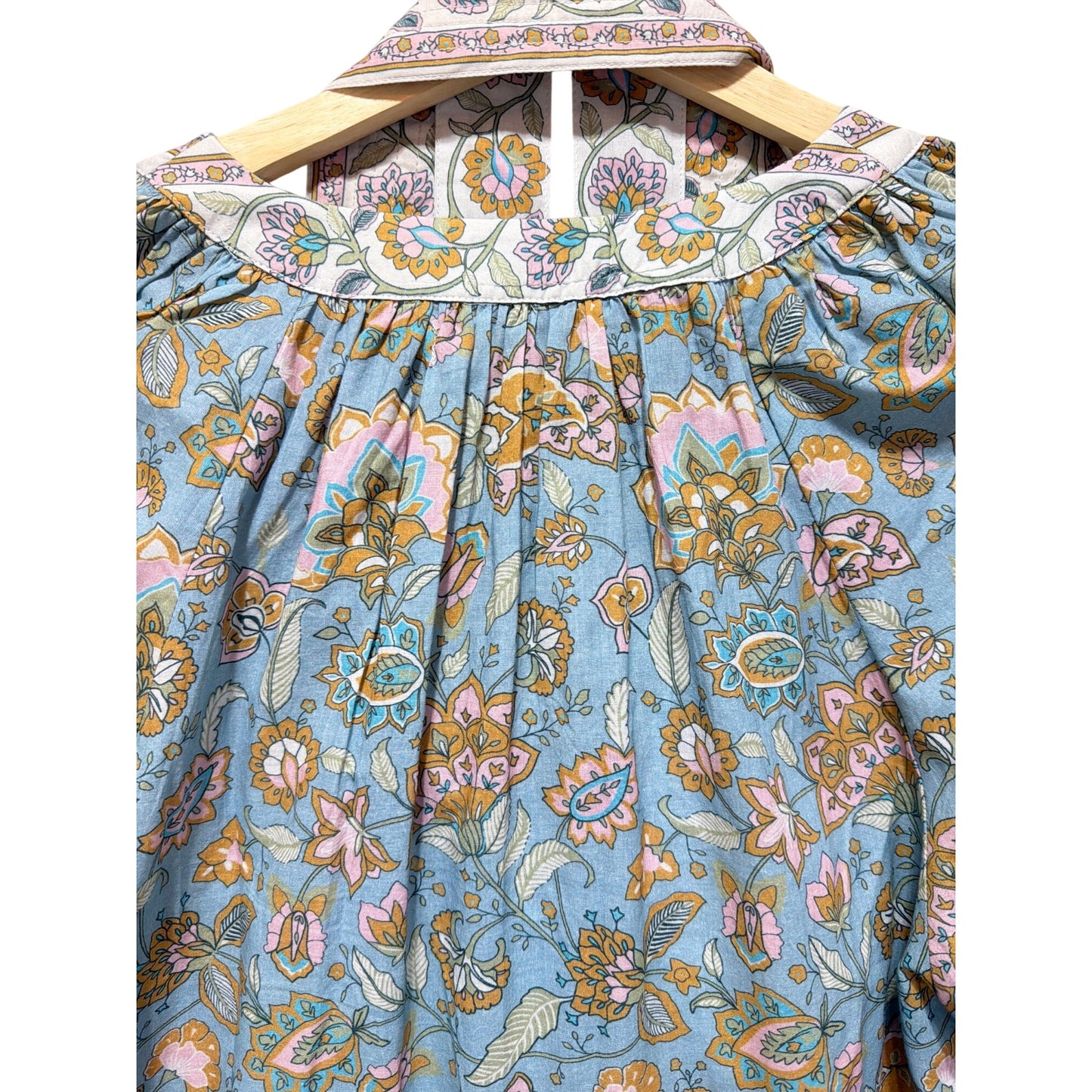 Bindu Clothing Blue Floral Grace Tunic Dress With Two Belts/Sash Long Sleeves 100% Cotton Size S