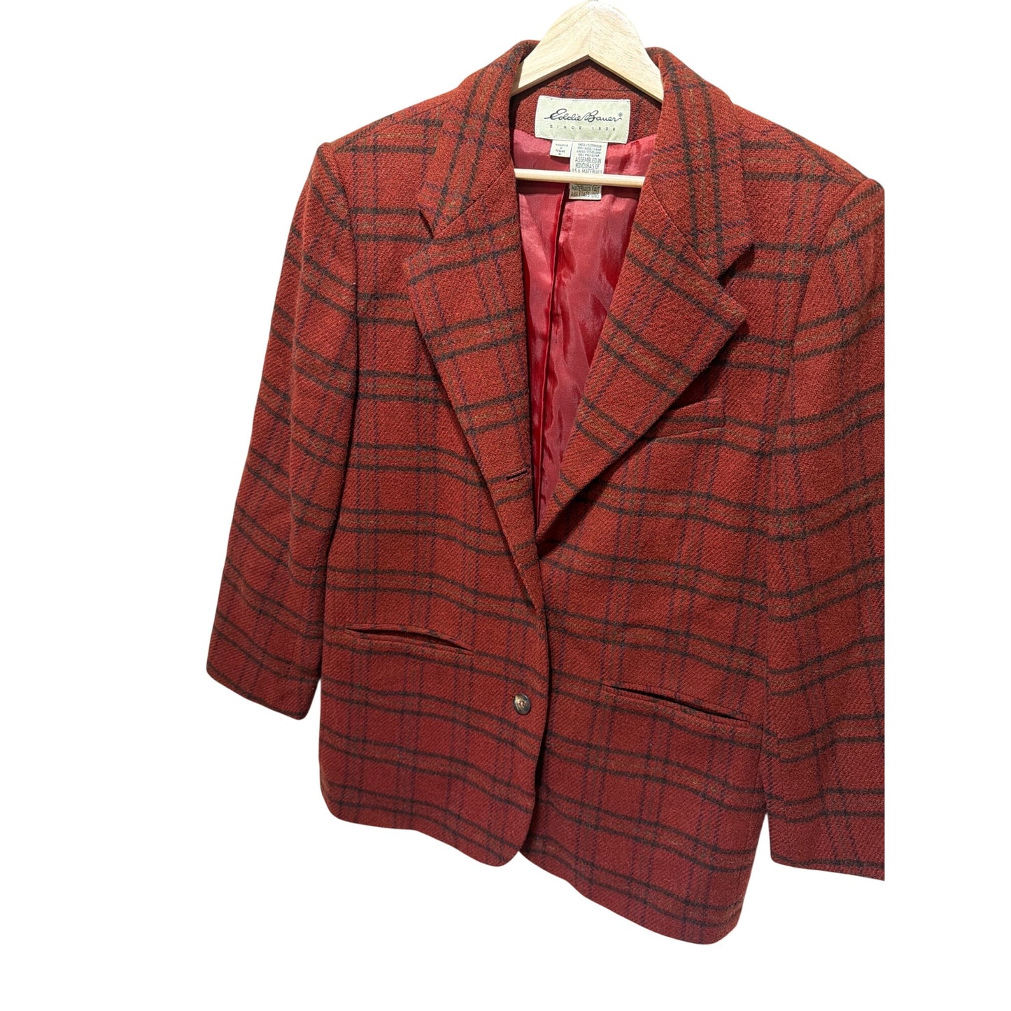 Eddie Bauer Vintage 90s Womens Rust Red Plaid Wool Boxy Cut Blazer Medium Fully Lined Single Button