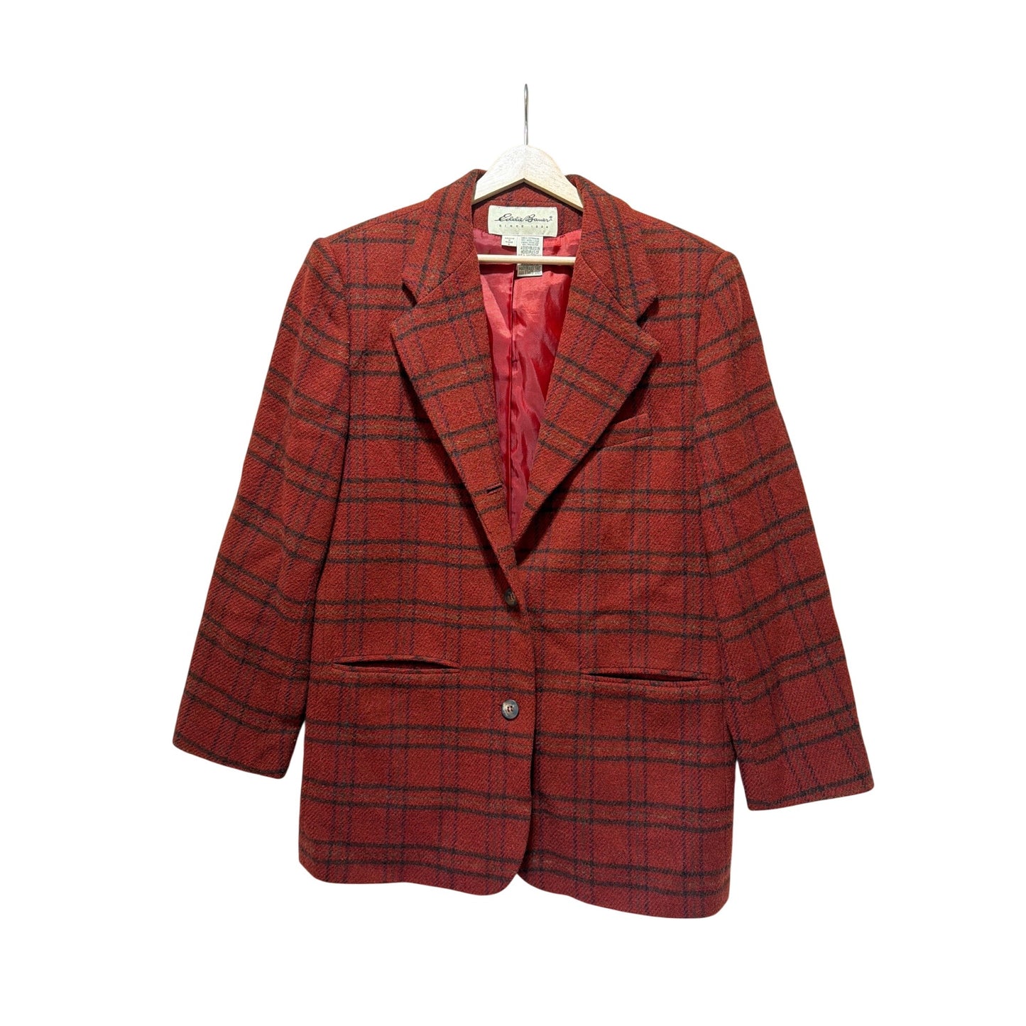 Eddie Bauer Vintage 90s Womens Rust Red Plaid Wool Boxy Cut Blazer Medium Fully Lined Single Button