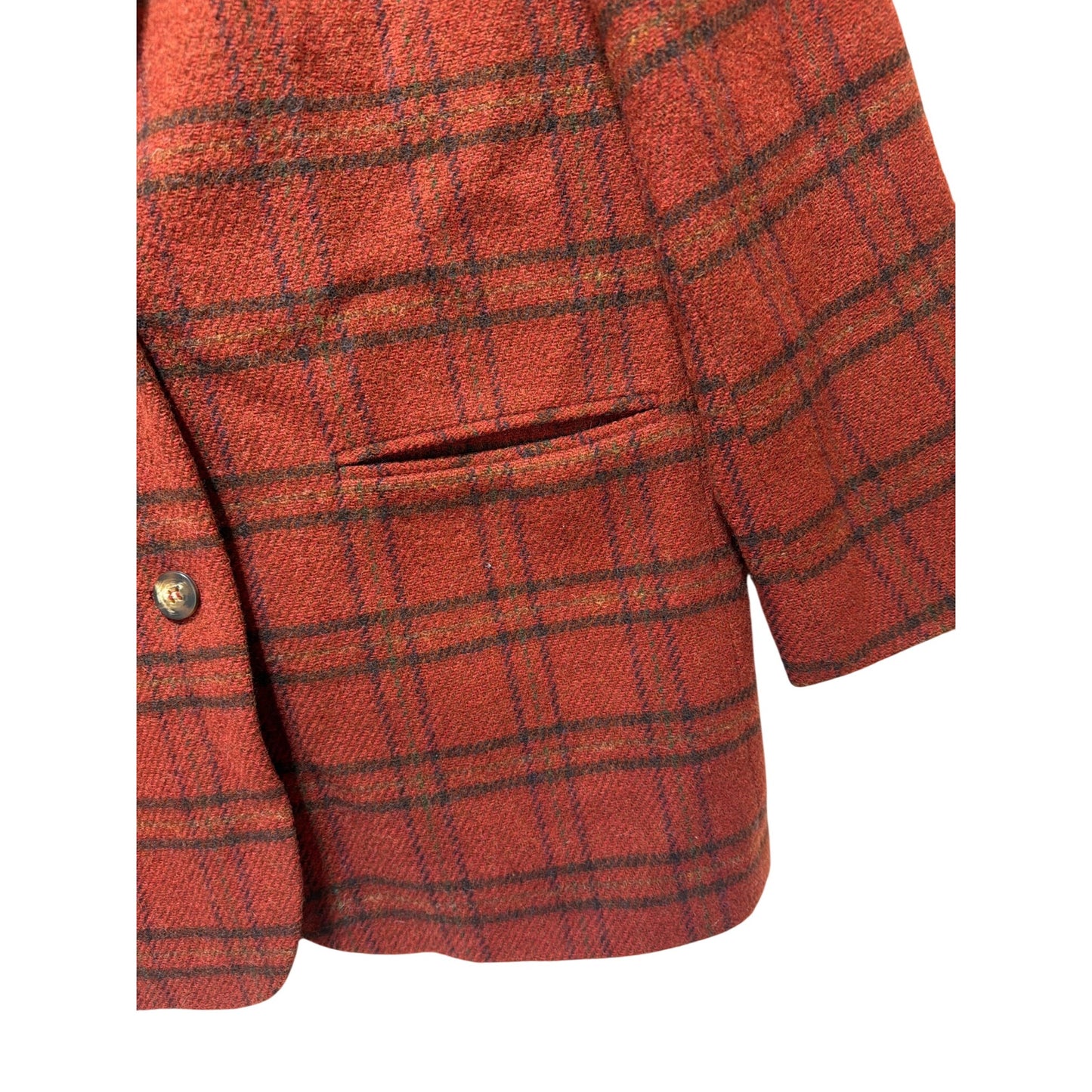 Eddie Bauer Vintage 90s Womens Rust Red Plaid Wool Boxy Cut Blazer Medium Fully Lined Single Button