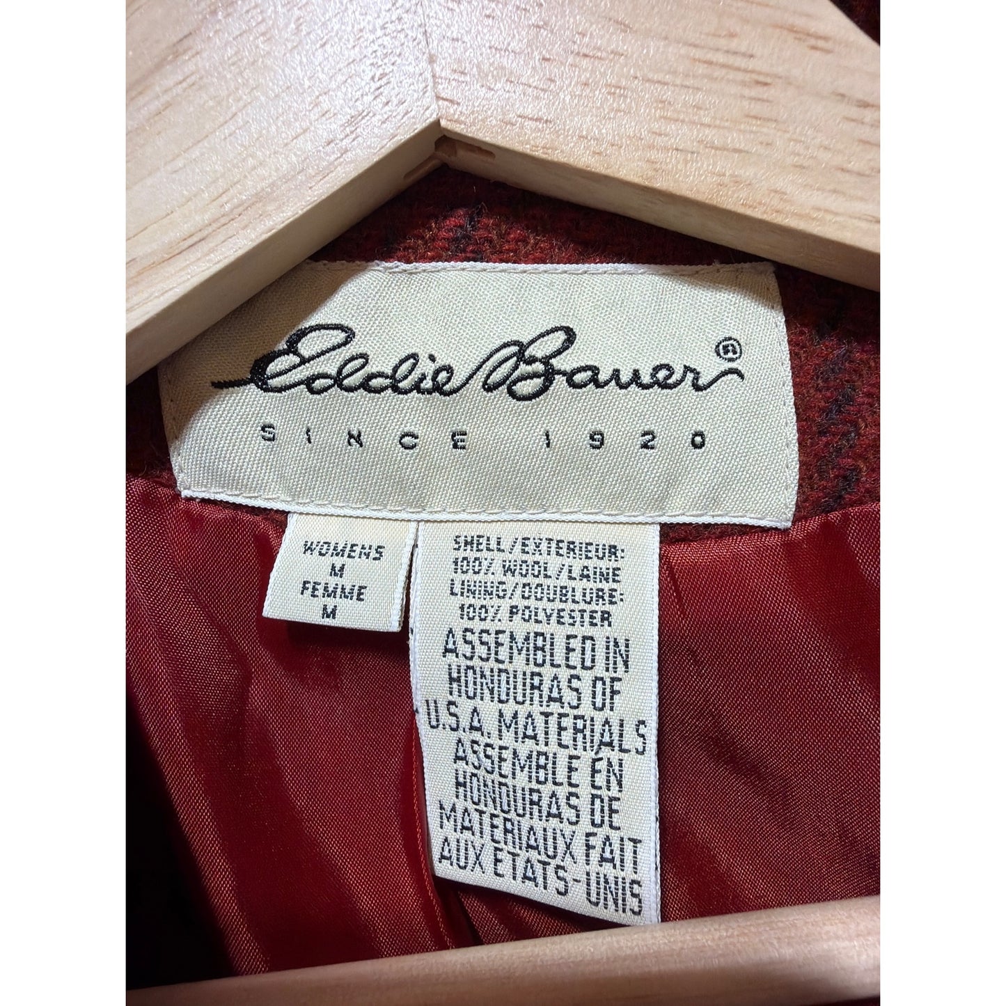 Eddie Bauer Vintage 90s Womens Rust Red Plaid Wool Boxy Cut Blazer Medium Fully Lined Single Button