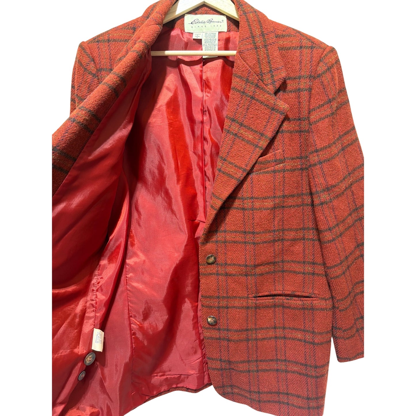 Eddie Bauer Vintage 90s Womens Rust Red Plaid Wool Boxy Cut Blazer Medium Fully Lined Single Button
