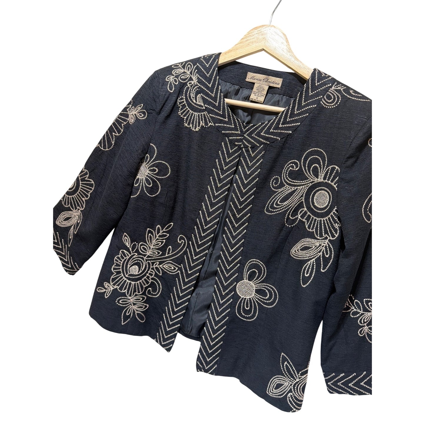 Marisa Christina Black Embroidered Silk Blend Open Front Jacket S Floral Design
