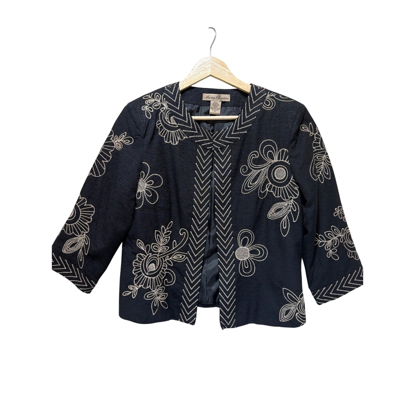Marisa Christina Black Embroidered Silk Blend Open Front Jacket S Floral Design