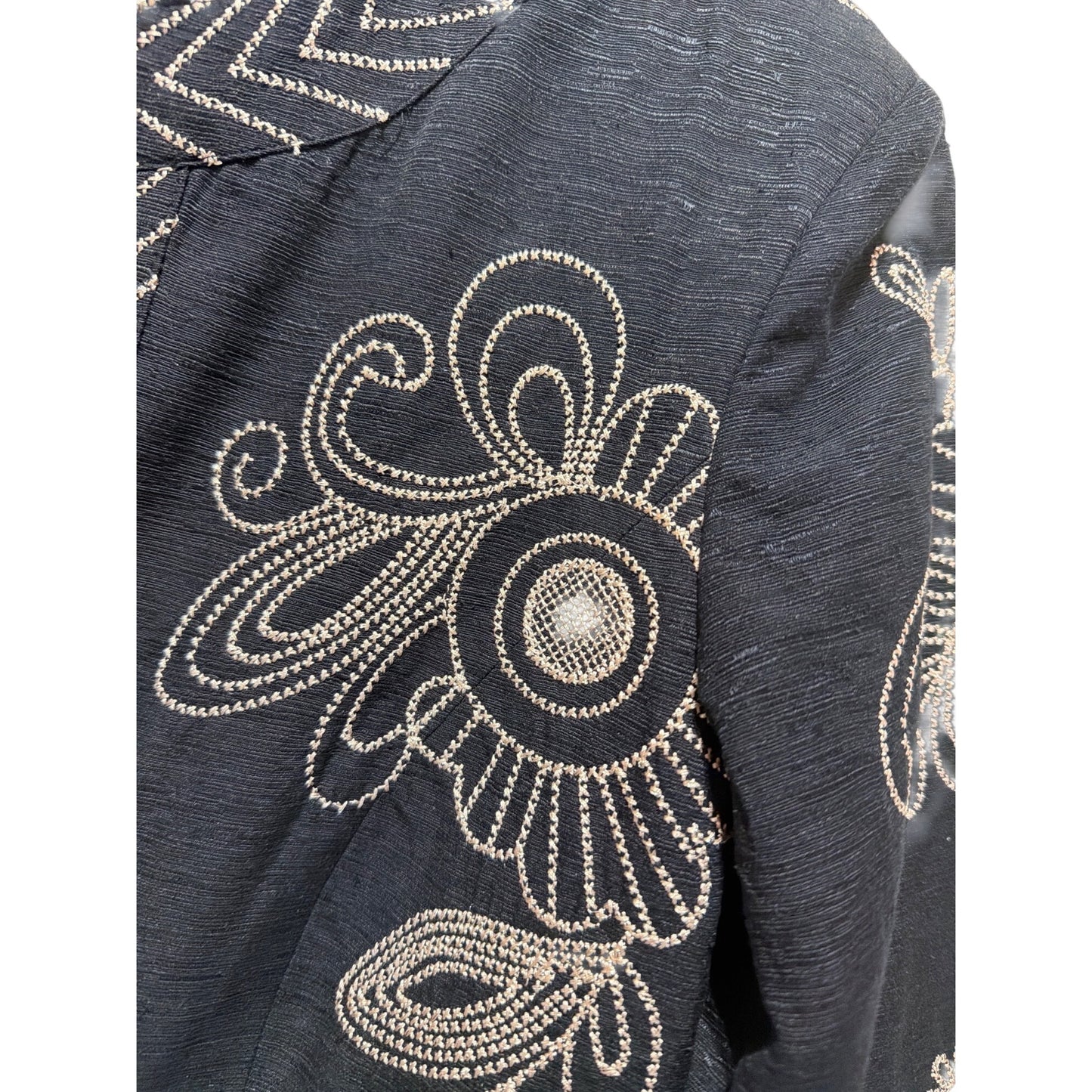 Marisa Christina Black Embroidered Silk Blend Open Front Jacket S Floral Design