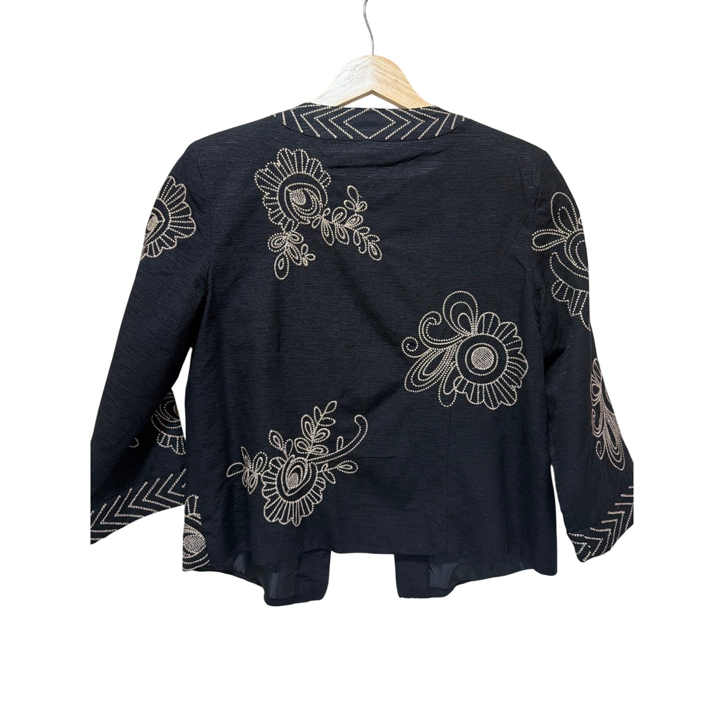 Marisa Christina Black Embroidered Silk Blend Open Front Jacket S Floral Design