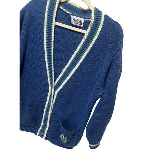 Vintage Forelli Varsity Style Cardigan Sweater With Embroidered Crest Patch Blue Green White Striped Trim Acrylic