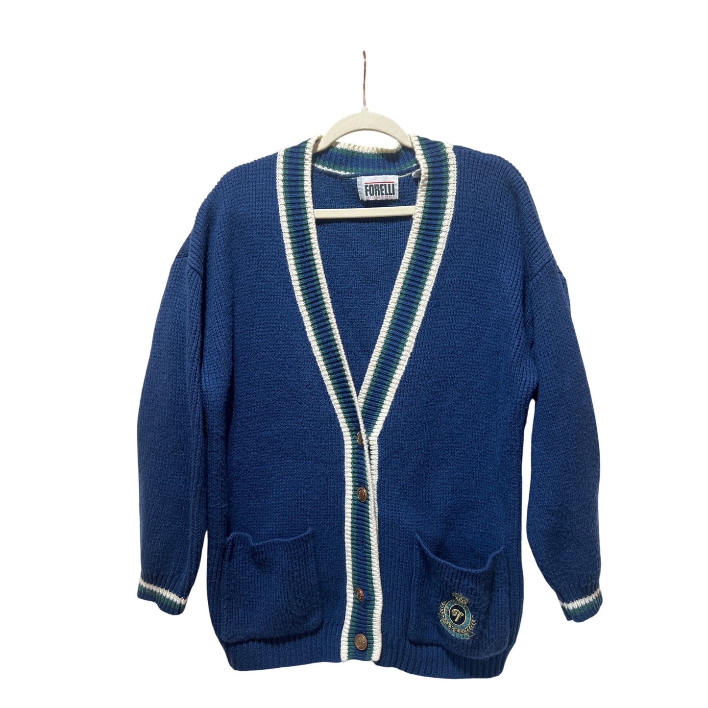 Vintage Forelli Varsity Style Cardigan Sweater With Embroidered Crest Patch Blue Green White Striped Trim Acrylic