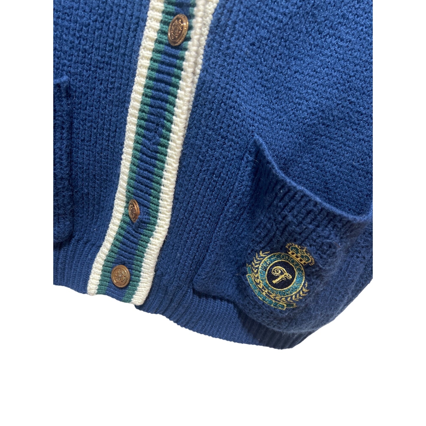 Vintage Forelli Varsity Style Cardigan Sweater With Embroidered Crest Patch Blue Green White Striped Trim Acrylic