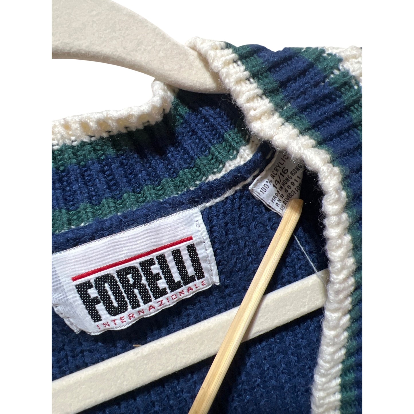 Vintage Forelli Varsity Style Cardigan Sweater With Embroidered Crest Patch Blue Green White Striped Trim Acrylic